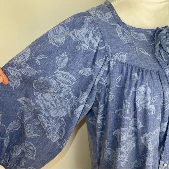 Models Coat Lounge Dress Size 12 Womens Tiered Blue Chambray Floral Poly Blend - Picture 9 of 12